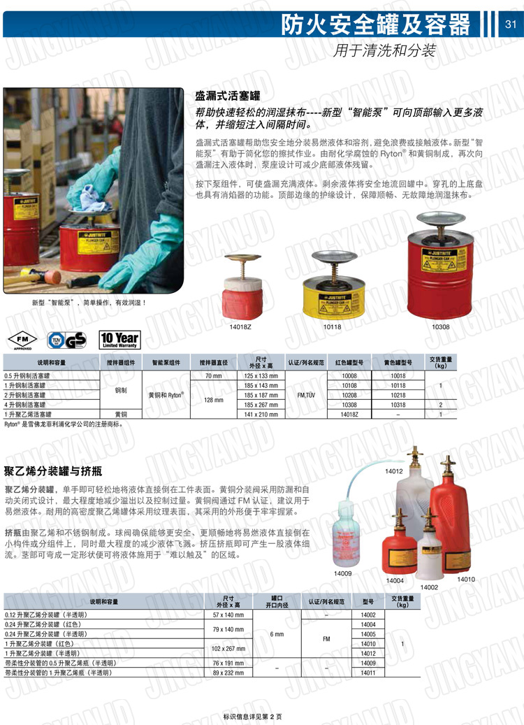 美國杰斯瑞特，JUSTRITE，活塞安全罐，盛漏式活塞罐，化學(xué)品分裝罐，